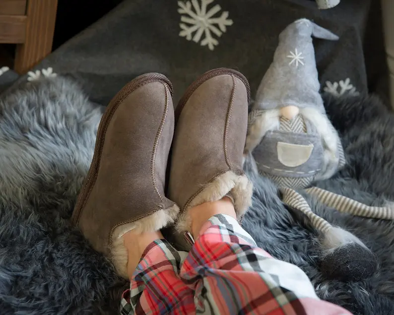 Follkee Sheepskin Slippers Wool House Shoes Slippers Women Slippers Men Leather Slippers