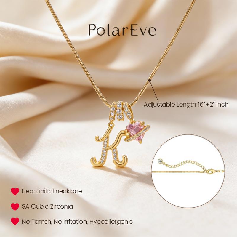PolarEve 14K Gold Plated 3-Layering Initial A-Z Letter Pendant Necklaces for Women Snake Chain Choker Pink Heart Zircon Adjustable Length Necklace Jewelry