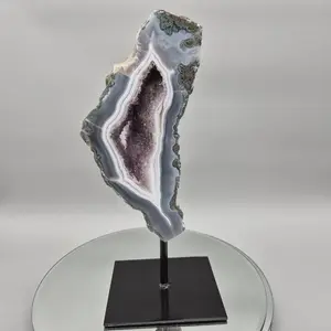 AAA+ Amethyst with Blue Banded Agate on Stand - Brazilian Amethyst Specimen with Natural Window - 13in Tall Crystal Display - 4.85 lbs