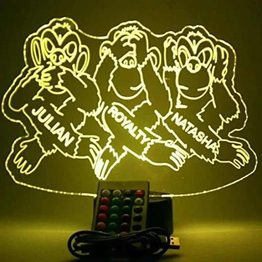 Hear See Speak No Evil Monkeys LED Tabletop Night Light Up Lamp, 16 Color options with Remote