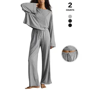 Women's Bamboo Knit Casual Round Neck Long Sleeve Top & Pants Set, Comfortable Soft Home Sleepwear for Fall Winter Seasons，2026 Christmas dress