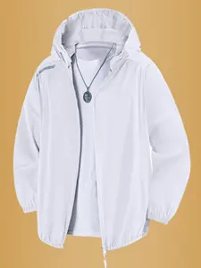Men's single - piece thin long - sleeved hooded quick - dry jacket. Long sleeves with hood and vented back for non - stuffy summer wear and sun protection during outdoor trips.