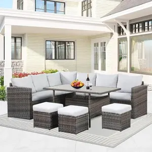 RoyalCraft 7 Piece Patio Furniture Set, All Weather Wicker Patio Conversation Sets with Cushion Seat & Pillows, Outdoor Dining Set, Patio Furniture Outdoor Sectional for Porch, Pool Deck, Garden, Light Grey