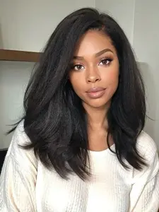 Kinky Straight Half Wig Human Hair Seamless Yaki Straight 3 In 1 Half Wig Flip Over Beginner Friendly Glueless Wear & Go Drawstring Clip In Wig No Sew In Natural Color Kinky Straight Wigs