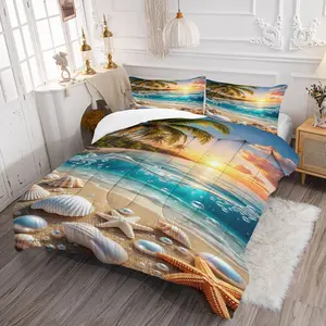 Fresh Healing Island Art Design Bedroom Bedding Set, Includes 1 Quilt and 1/2 Pillowcases, Palm Tree Wave Print, Casual Decorative Style