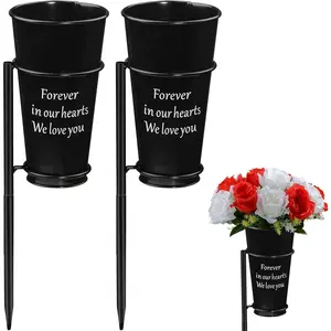 Metal cemetery vase flower holder with spikes in ground grave vases for gravesite gravestone memorial grave markers cemetery decorations 2pcs black flower is not included