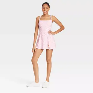 Women's Knit Squareneck Slit Active Dress - JoyLab Pink Floral Print XXL: Sleeveless, Built-in Shorts, Machine Washable
