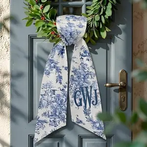 Personalized Wreath Sash Door, Custom Monogram Door Sash, Blue Toile Wreath Sash, Farmhouse Front Door Decor, Elegant Classic Wreath