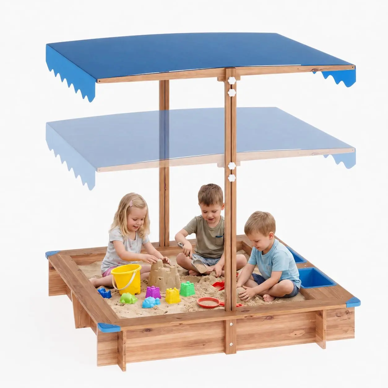 Garvee Kids Wooden Sandbox with Adjustable Canopy Cover, 47.2 x 47.2 in | 2 Storage Bins, Corner Guards, Ages 3–6，Fir & Pine Wood Sandpit，Backyard, Patio, Garden