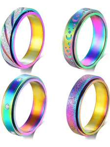 Anxiety Rings Fidget Ring for Women Spinner Rings for Anxiety 4Pcs 6MM Rainbow Titanium Steel Ring Size 5-11