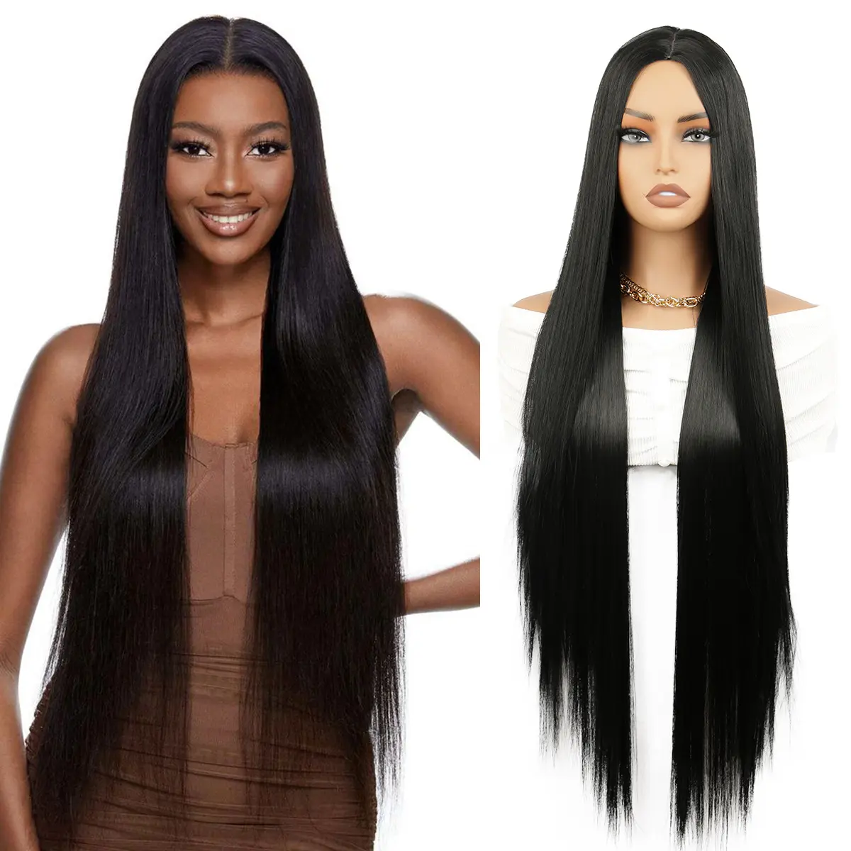 Trade Middle Part 34inch Black Long Straight Hair Smooth Wig Synthetic High Temperature Fiber Wig for Women hair kamala  wig long straight hair jet  black  wig straight lace black woman black color wig  brand
