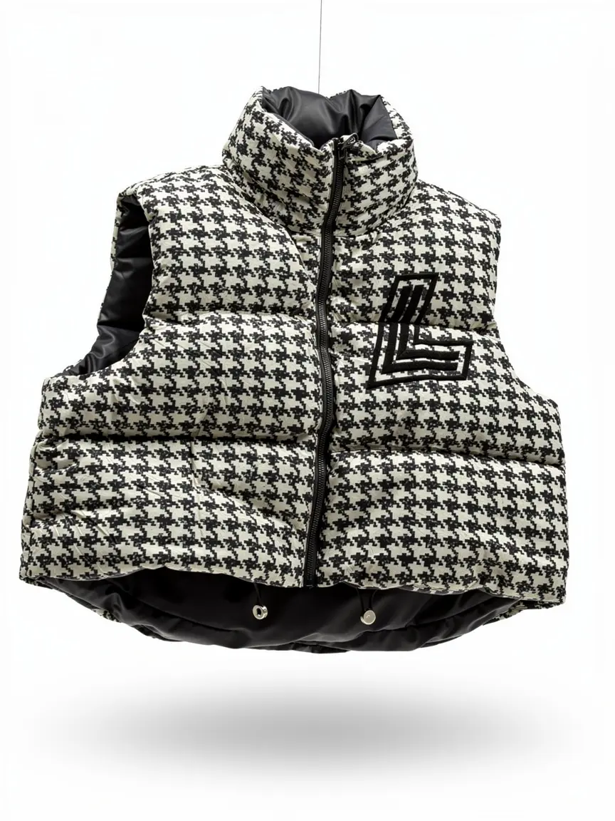 Cropped Houndstooth Puffer Vest