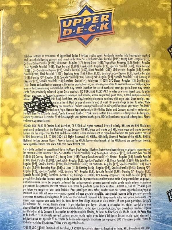 2024-2025 Upper Deck Series One Hockey NHL Trading Card Blaster Box (1 Young Guns Rookie Card and 1 Blaster Exclusive Green Dazzler Card! Per Box)