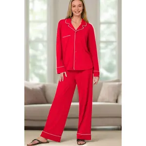 Zenana Button Down Long Sleeve Shirt and Pants Pajama Set