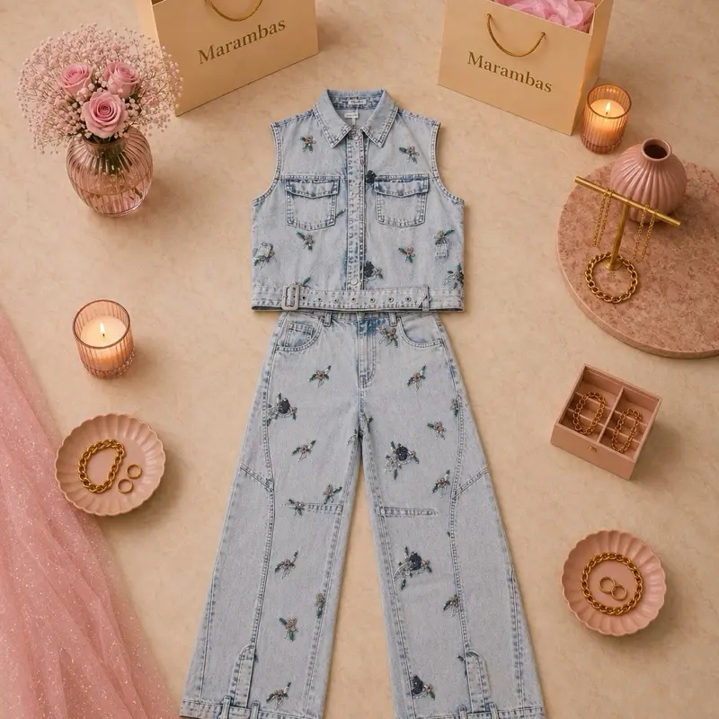 Short-Sleeve Denim Wash Outfit Set