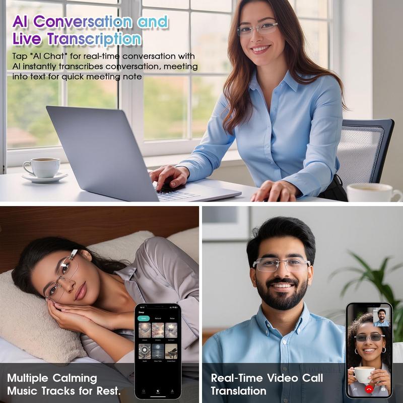 AI Translation Glasses, Bluetooth Eyeglasses with Real-Time Translator for 164 Languages, Photochromic Spring Hinge Bluetooth Glasses with Speakers, Rimless Smart Glasses for Travel/Work/Study(Silver)