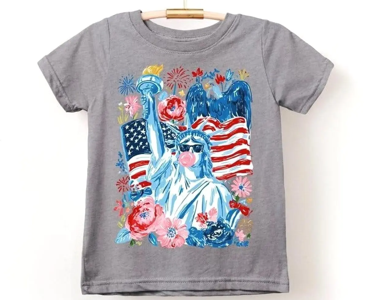 LAT Apparel Brushstroke Patriotic Statue of Liberty Shirt, Girls 4th of July Tee, Unisex Cotton T-Shirt, Menswear, Womenswear FDB