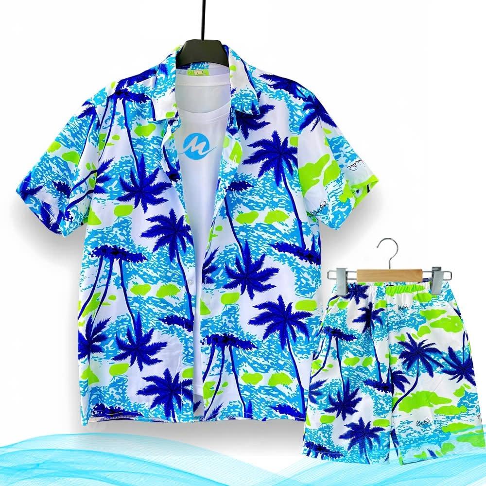 Hawaiian Style Two Piece Set – Tropical Print Shirt & Shorts, Lightweight Breathable Summer Beach Outfit
