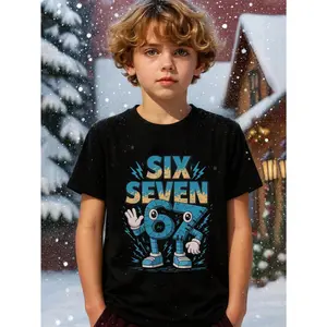 Little boy 67 emoji gesture robot number character mecha blue lightning fun 100% Polyester Fiber pattern T-shirt, 67 Thanksgiving and Christmas boys' fall clothing, machine washable, toddler cartoon T-shirt, teen boy clothing gift