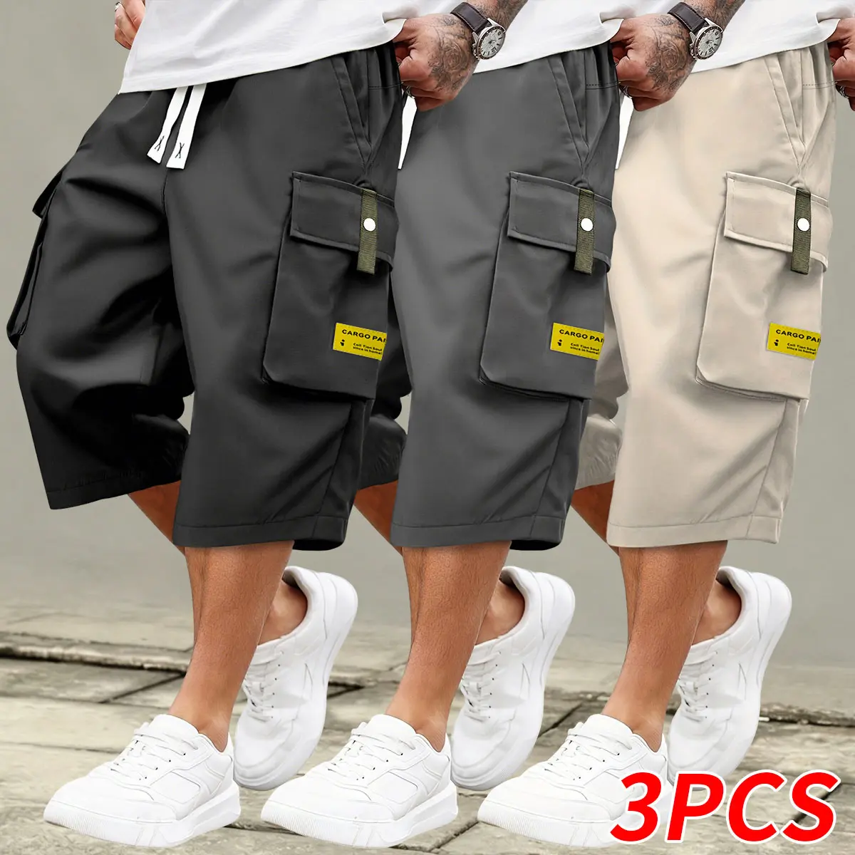 Men’s summer casual cargo shorts — elastic waistband design, multiple pockets, letter appliqué details; regular fit, mid-rise waist, slightly stretchy fabric; suitable for everyday wear and leisure activities; men’s summer shorts.