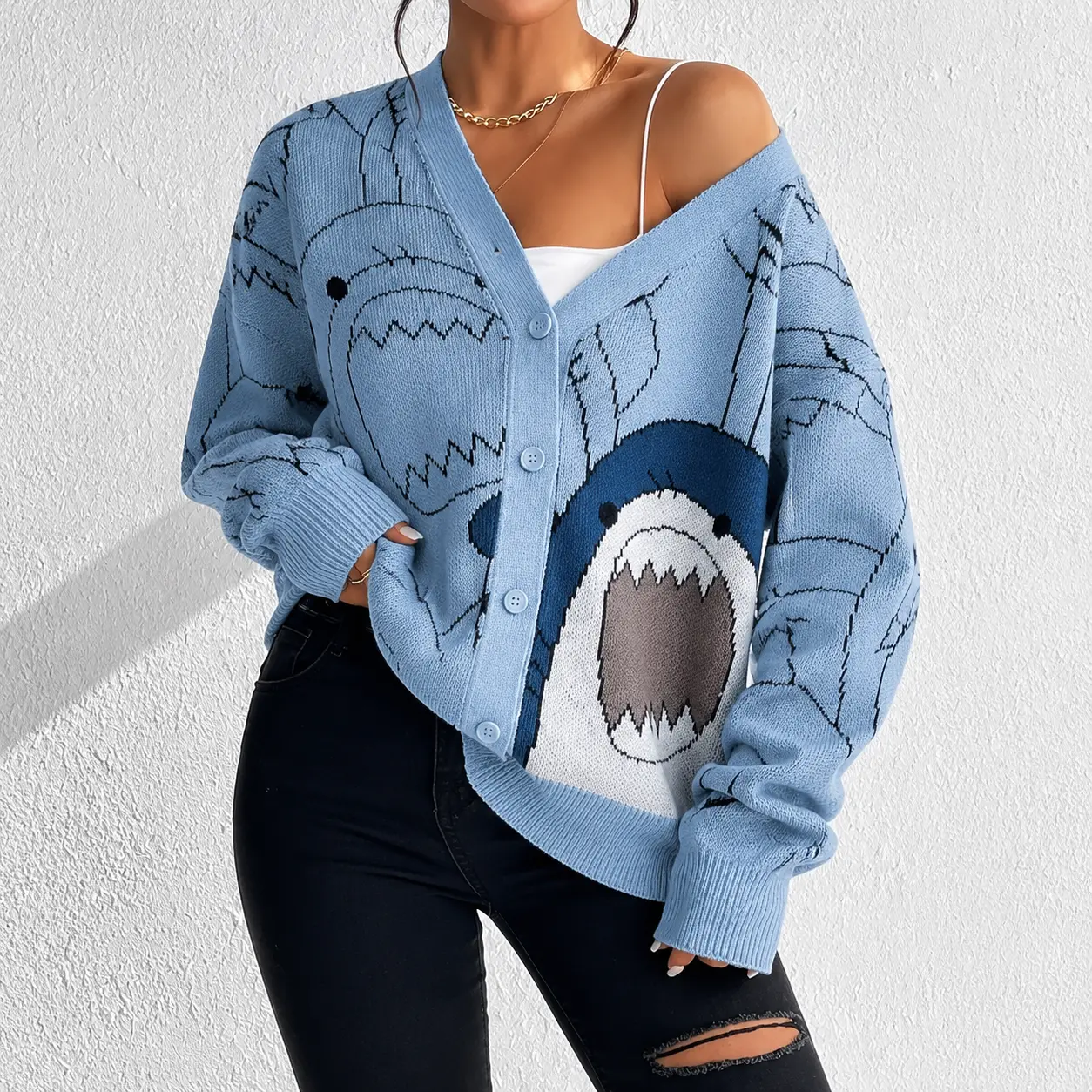 Women's V-Neck All-Over Cartoon Shark Print Knit Cardigan - Button-Down, Slim-Fit, Kawaii Marine Graphic Streetwear, Warm Fall Casual Outerwear (Knitwear)