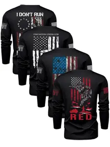Men's Flag Pattern Letter Print Round Neck Top Set, Comfortable Stretch Fabric, Spring & Fall Sports Outdoor Activities, Sports Clothing Set