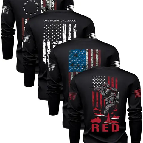 Men's Flag Pattern Letter Print Round Neck Top Set, Sporty Streetwear, Comfortable Stretch Fabric, Spring & Fall Sports Outdoor Activities