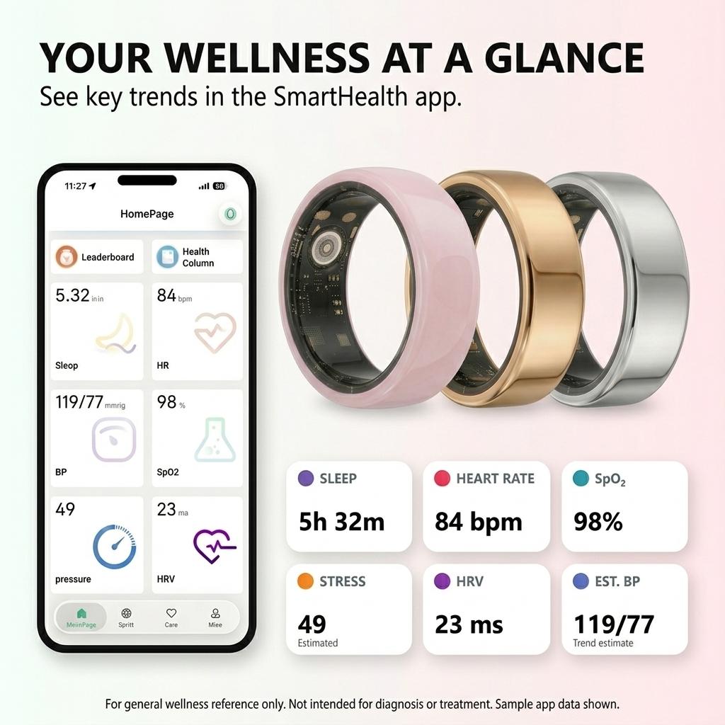 Minimalist Pink Ceramic Smart Ring (Gifts for Women), IP68 Rated Fitness & Sleep Tracker with Heart Rate, HRV, Stress Insights, Multi-Sport Modes, Bluetooth Sync, Mobile App, No Subscription, Android/iOS Compatible, Charging Case (10 Approx. Recharges)