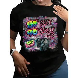 Women's Black Cotton Round Neck Comfortable T-Shirt - 80's Baby 90's Raised Me, Retro Airbrush Walkman Geometric Graphic, Nostalgic Throwback, Everyday Fit Vibe Casual Vintage Short Sleeve