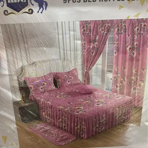 9 Piece Pink Floral King Bedding Set with Bed Ruffle and Curtains