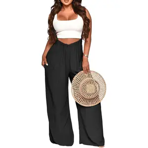 Womens Jumpsuit Casual Loose Sleeveless Adjustable Spaghetti Straps Wide Leg Baggy Overalls With Pockets Womenswear  Minimalist Wideleg 730-Apricot