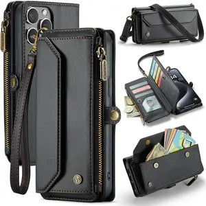 [LX]Magnetic Flip Phone Case with Lanyard, 1 Count RFID Blocking Phone Wallet Case, Phone Accessories for iPhone 13 12 11 Pro Max SE 2022 XR XS Max