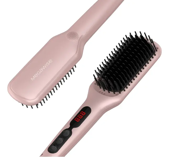 MEGAWISE Hair Straightener Brush, Ionic Ceramic Heated Hair Brush, Anti-Scald Hot Brush with Auto Shutoff, Dual Voltage, 360° Swivel Cord, for Frizzy Thick Medium Long Hair(Pink Gold)