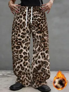 Men's Leopard Print Plush Wide Leg Pants, Soft Rabbit Fur Fabric, Warm & Comfortable for Autumn Winter, Streetwear Style, Casual Fashion Pants