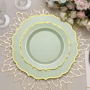10-Pack Plastic Round Dessert Plates 8" Sage Green with Gold Scalloped Rim - Disposable Appetizer/Salad Plates