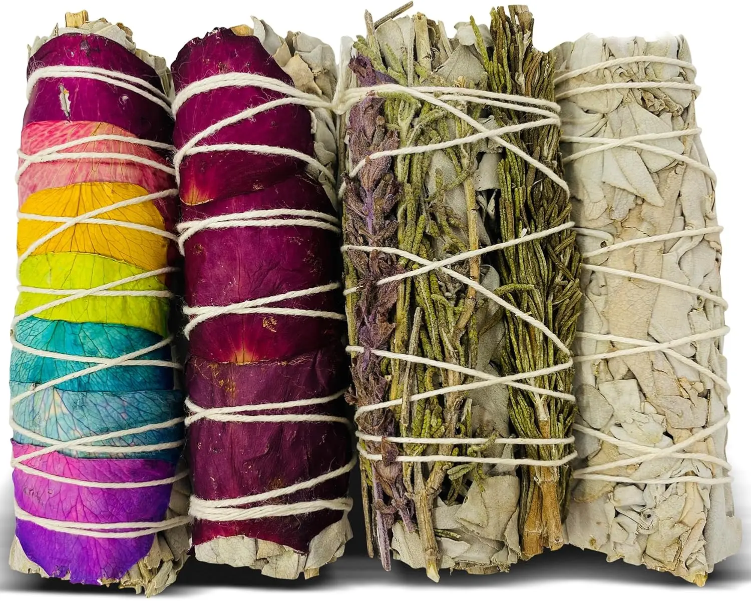 Sage Smudge Kit - Rosemary Lavender White Sage - Sustainably Sourced from California - Dried Sage Sticks for Home Cleansing & Blessing - Rainbow Colored Bundles with Lavender