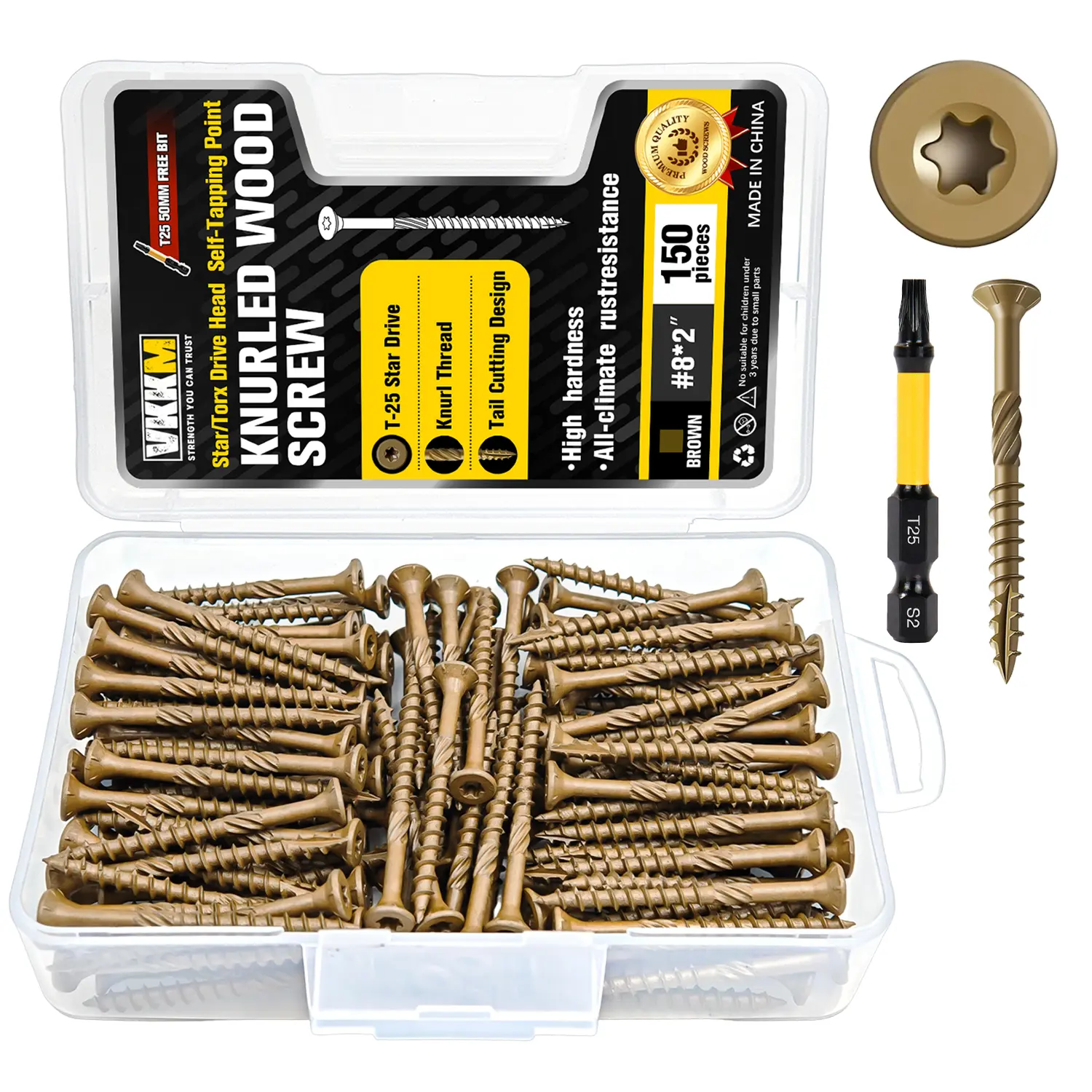 VKKM 150Pcs #8×2" Torx Knurled Deck Screws, Rust Resistant Self Tapping Wood Fasteners with T25 Bit for Outdoor Construction