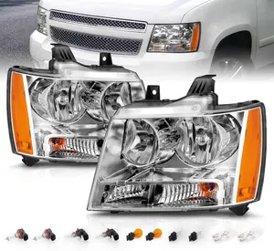 AmeriLite for Chevy 07-13 Tahoe/Suburban/Avalanche Factory Style Chrome Halogen Replacement Headlights Pair - Driver and Passenger Side