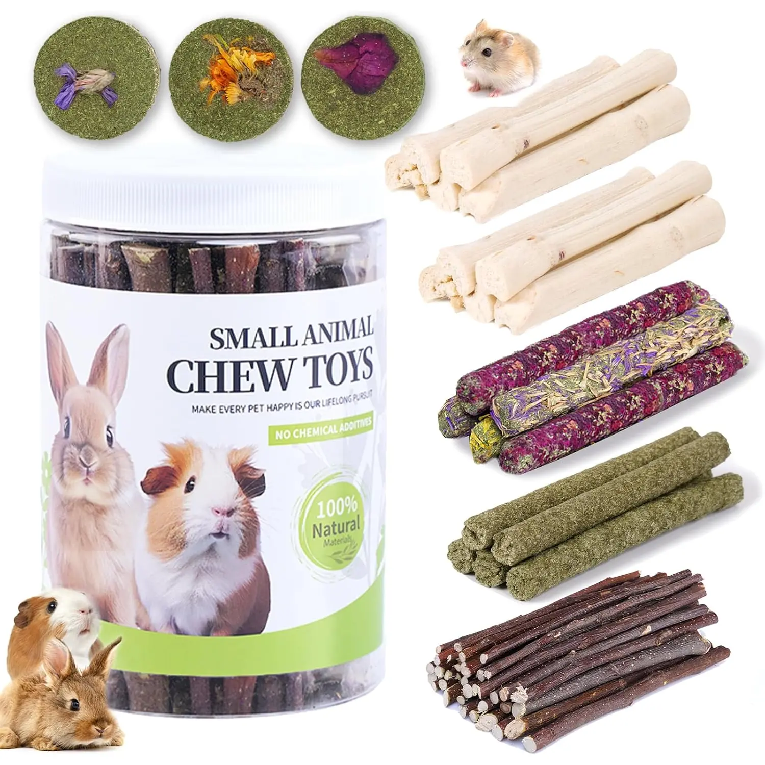 50-60 Pcs Sweet Bamboo, Apple Stick, Timothy Stick - Rabbit & Guinea Pig Chew Toys for Teeth, Prevent Overgrowth