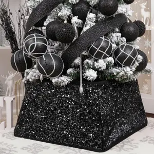 Christmas Tree Collar, 24 inch Sequin Halloween Tree Skirt Stand Base Cover for Home Decor, Medium Size 4 Piece Black
