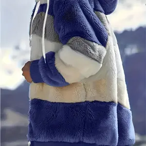 Winter Warm Long Sleeve Color Block Fuzzy Hooded Coat, Casual Outerwear for Women