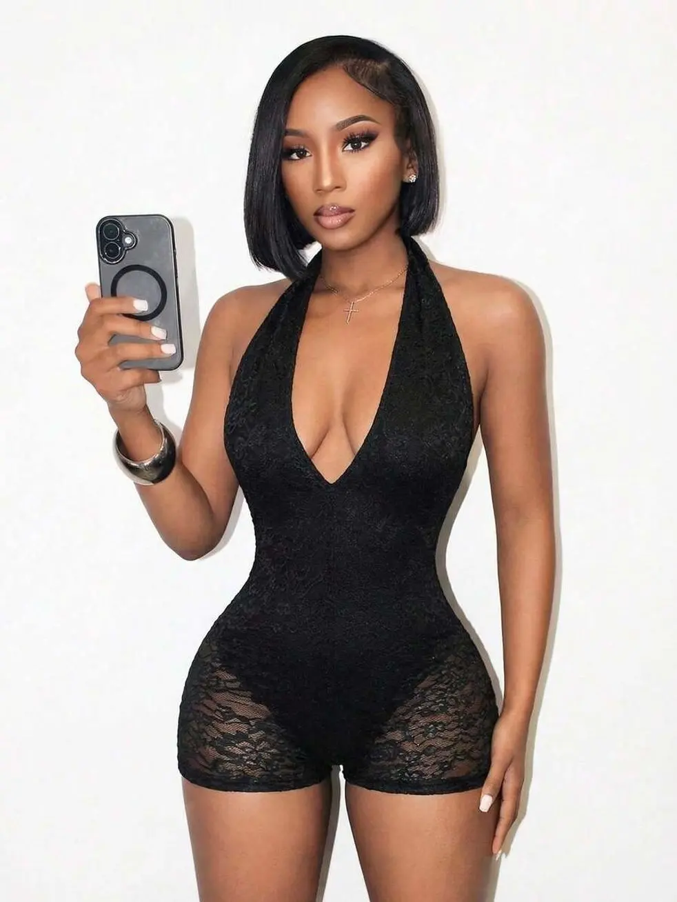 Women's Black Lace Jumpsuit, Sleeveless Halter Neck Short Romper, Summer Fashion Outfit