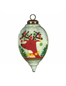 360 Stand Festive Glitter Reindeer Glass Ornament - Hand-Painted, Mouth-Blown, Multi-Color, with Lights, Traditional Oval Christmas Tree Decoration, Hanger-Included Gift for Home Festive Decor