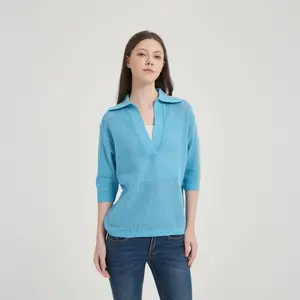 Women's Short Sleeve Relaxed Polo Collar Sweater - A New Day Blue M