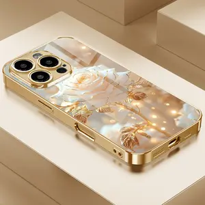 Glitter White Rose Print Gold Metal Lacquer Tempered Glass Cellphone Case - Exquisite Protector Accessory for iPhone 11,12,13,14,15,16,17 Plus Pro Max Handheld Devices