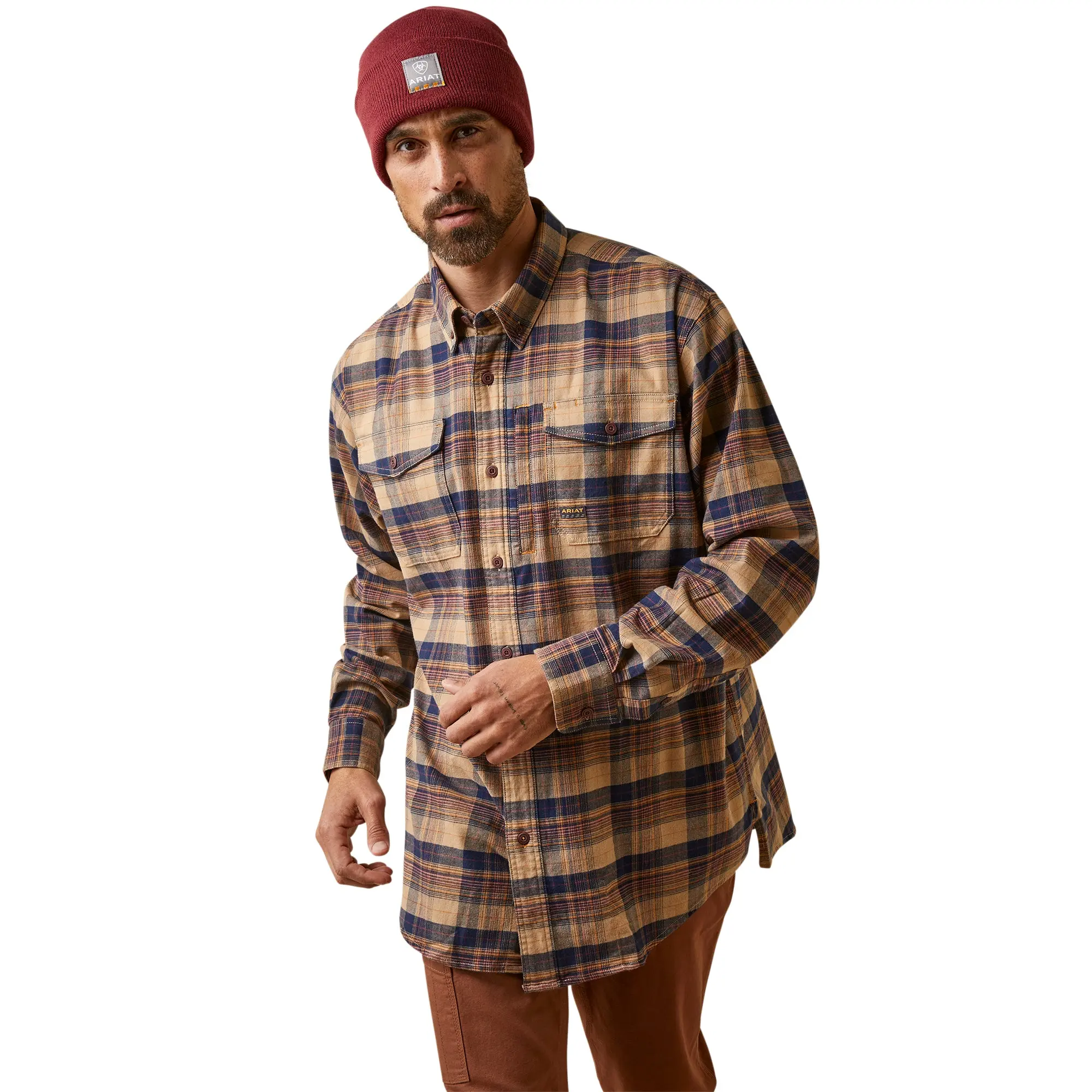 Ariat Men's Rebar Flannel DuraStretch Tiger's Eye Plaid Work Shirt 10046636