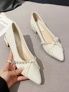 Women's Elegant Pearl Pointed Toe Shoes, Comfortable Chunky Heel Pumps, Casual Spring & Fall Footwear for Work and Parties