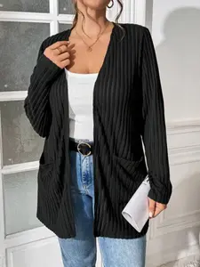 Plus Size Women's Cardigan, Long Sleeve Knit Sweater for Fall & Winter, Casual Ribbed Texture Pullover, Comfortable Fashion Top