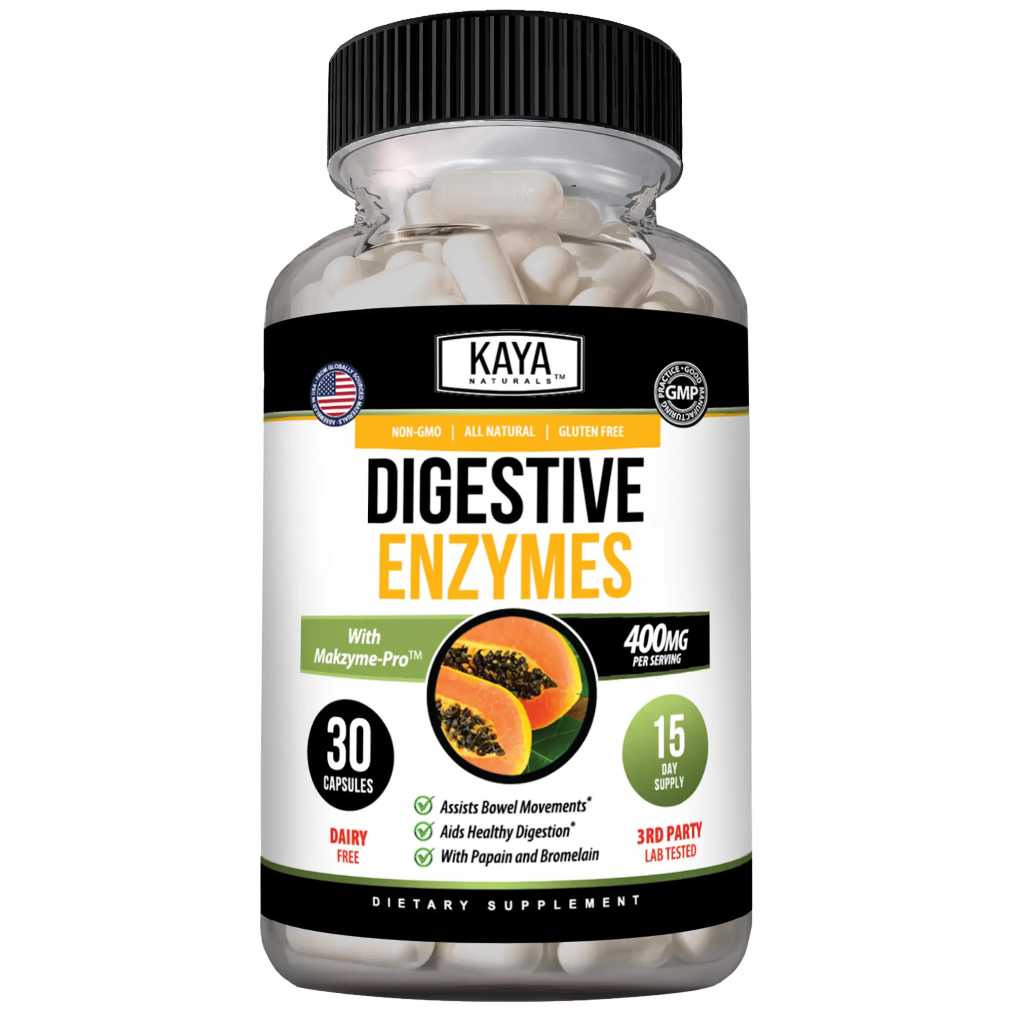 Kaya Naturals Digestive Enzymes Capsules - Prebiotic & Probiotic Strains, Gut Wellness Support, Metabolic Boost Supplement