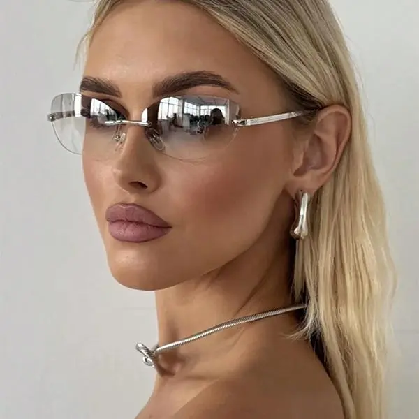 1PC Women Teens Y2K Retro Rimless Sunglasses, Silver Tone Metal Alloy Frame with Brown Gradient Oval Lenses, 90s Vintage Shades for Streetwear, Daily & Festival, Ideal Summer/Vacation Gift